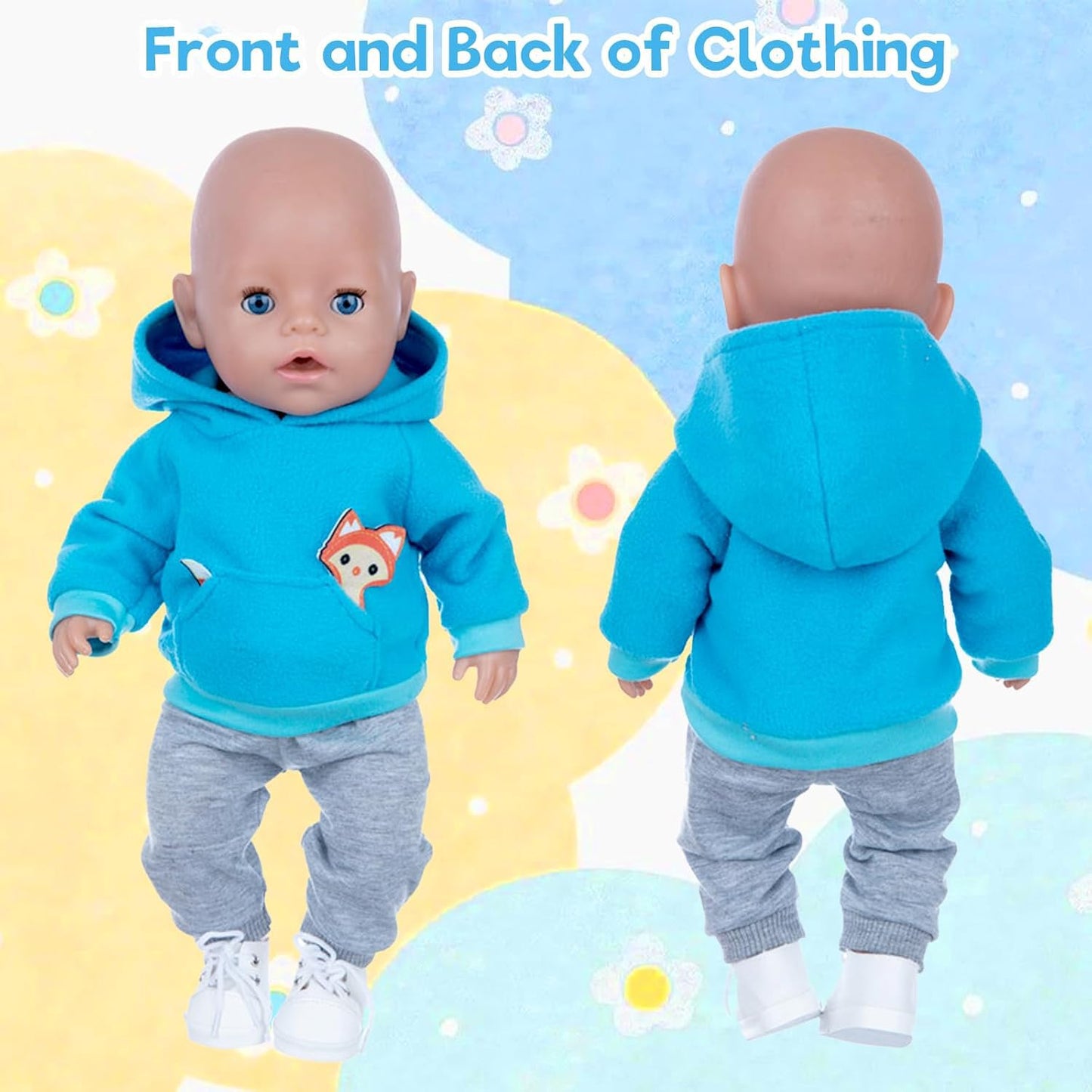 DVKKHD Baby Doll Clothes for 18 Inch Dolls, 14-16 Inch Cool Baby Doll Outfits Hoodies Suit, Blue Fashion Clothing Sweatshirt Compatible with 43cm