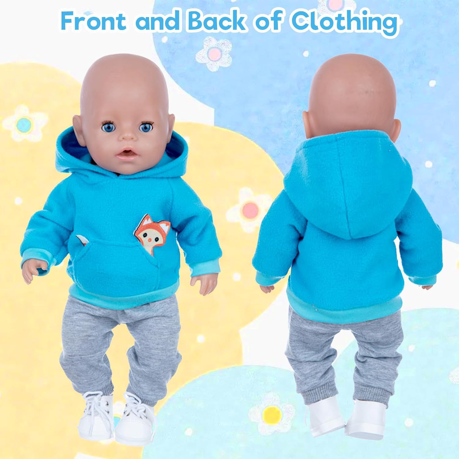 DVKKHD Baby Doll Clothes for 18 Inch Dolls, 14-16 Inch Cool Baby Doll Outfits Hoodies Suit, Blue Fashion Clothing Sweatshirt Compatible with 43cm