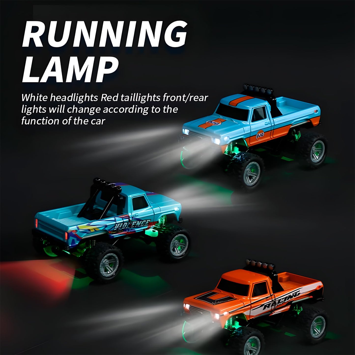 YRounee 1:64 Mini RC Monster Truck with LED Lights | 2.4GHz Off-Road Remote Control Car | 3 Speed Adjustable, USB Rechargeable Alloy RC Truck for Kids