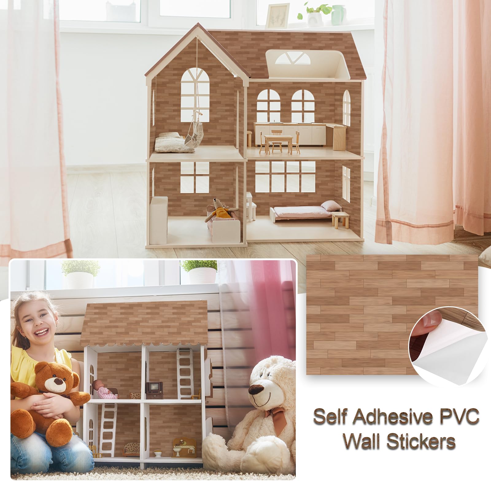 35 Pcs Miniature Dollhouse Wallpaper Self-Adhesive Mini DIY Floorboards Wall Paper Real Life DIY Decoration for Dollhouse(Brown)