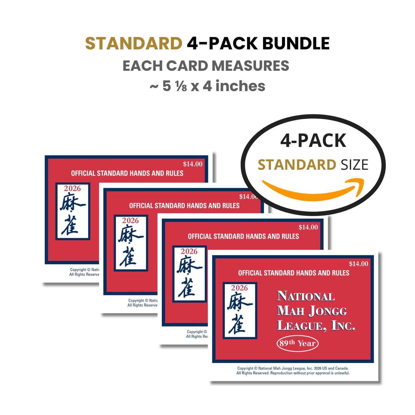 National Mah Jongg League 2026 Mahjong Standard Size Cards Four-Pack Bundle - Official Hands and Rules for American Mahjong (Four Standard-Size Cards)
