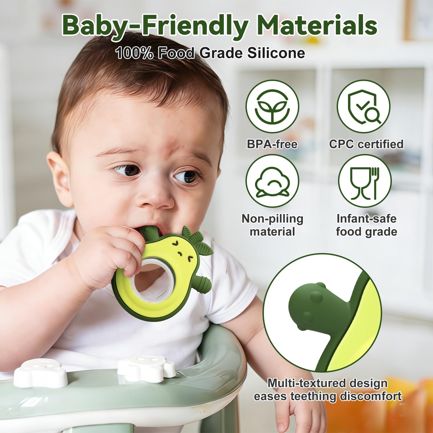 Baby Rattles Teething Toy for Babies 0-6 Months, Avocado Design BPA Free, Teething Relief for Infant 3-24 Months, Silicone Teethers Boys and Girls