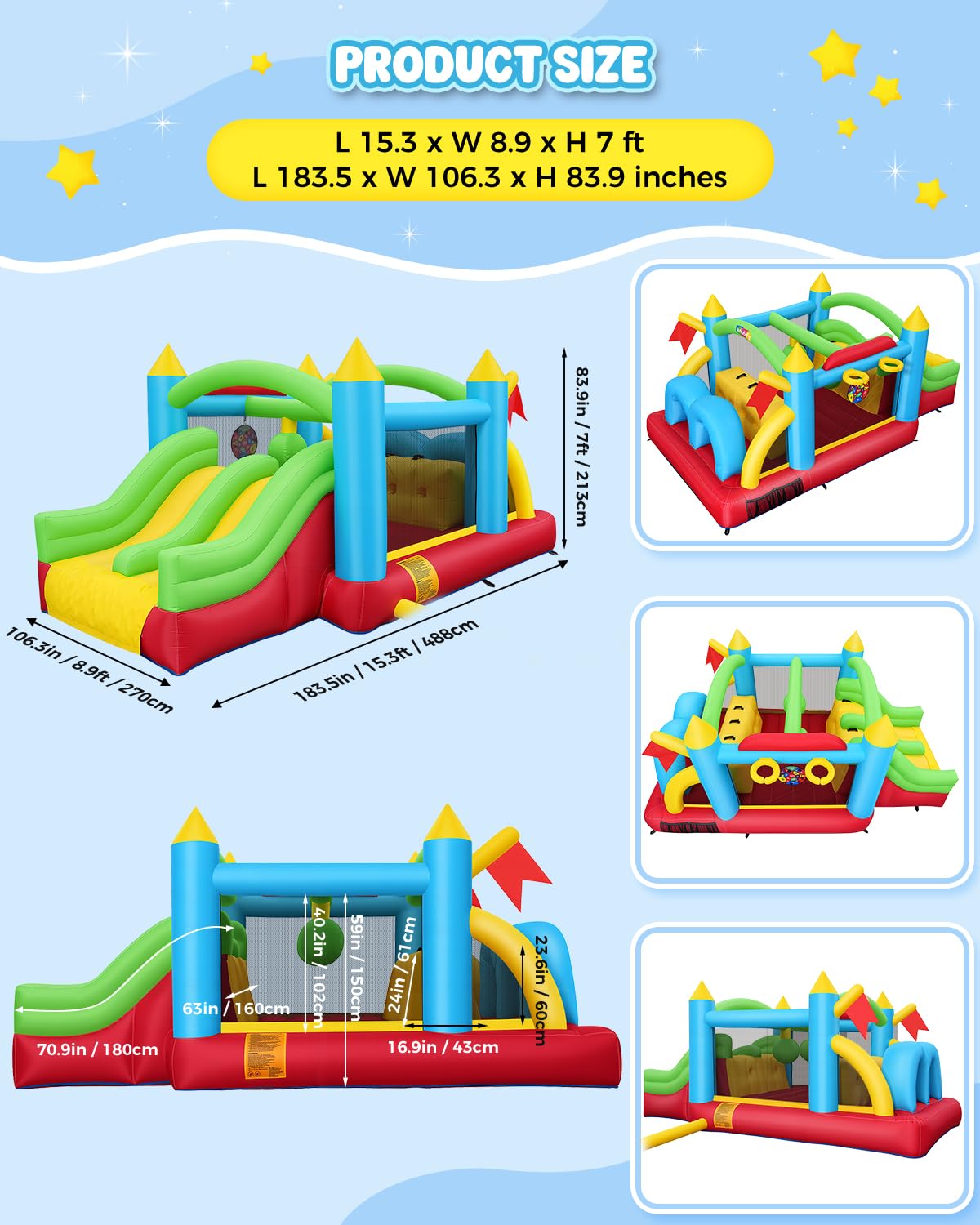 13-in-1 Bounce House Obstacle Course for Kids with Dual Slides, 550W Blower