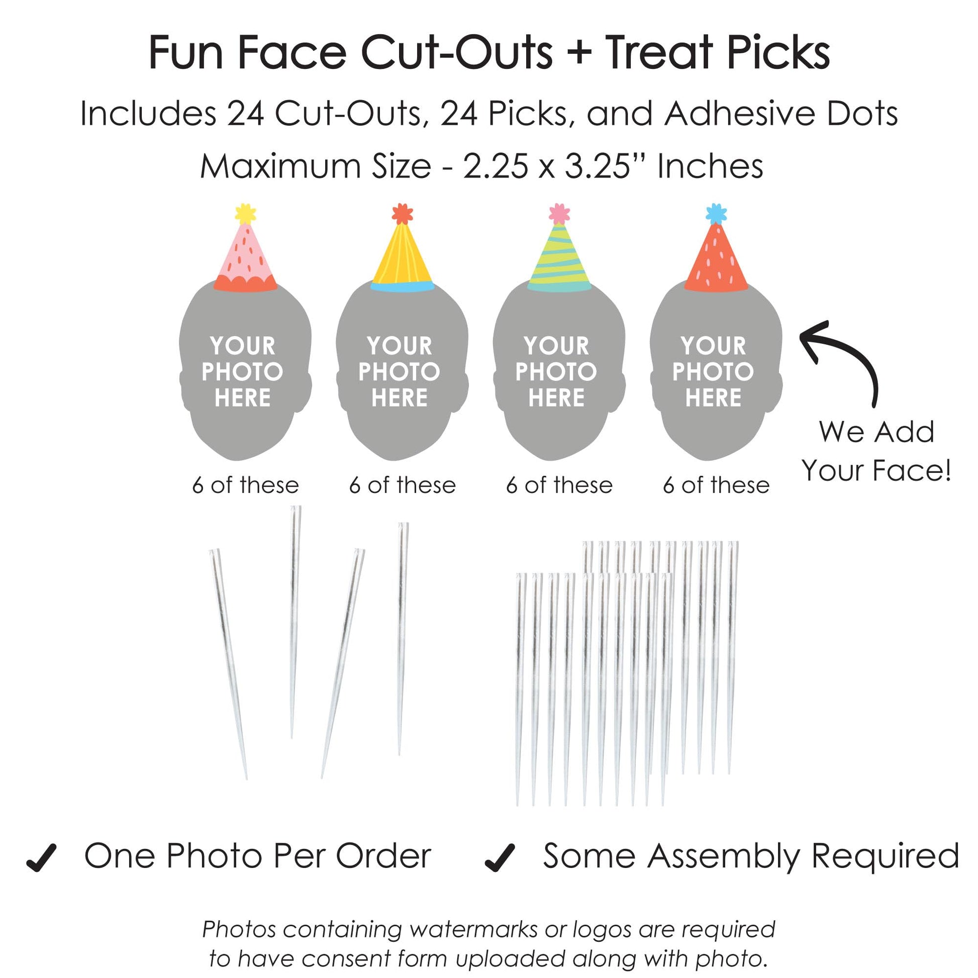 Big Dot of Happiness Custom Photo Party Time - Happy Birthday Party Dessert Cupcake Toppers - Fun Face Clear Treat Picks - Set of 24