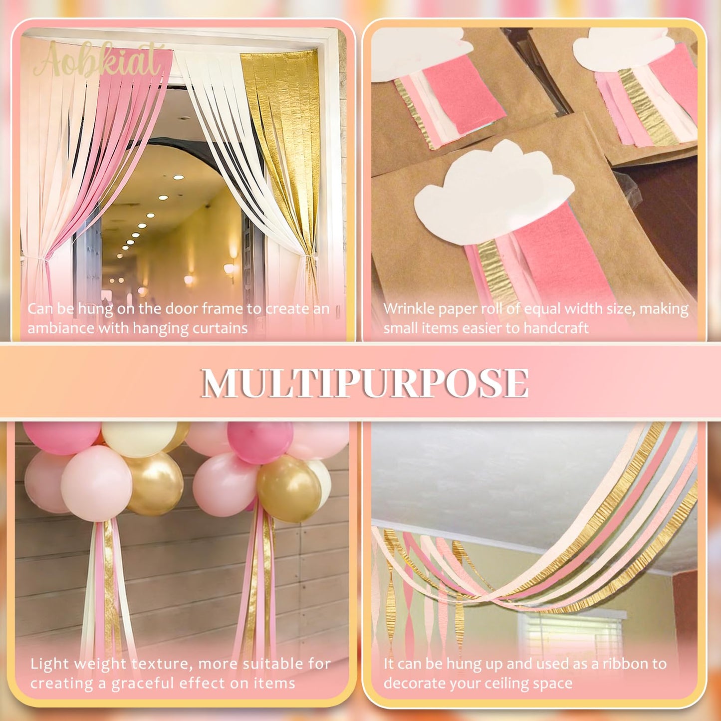 AOBKIAT Wedding Streamers Party Decorations,8 Rolls Pink Gold Crepe Paper