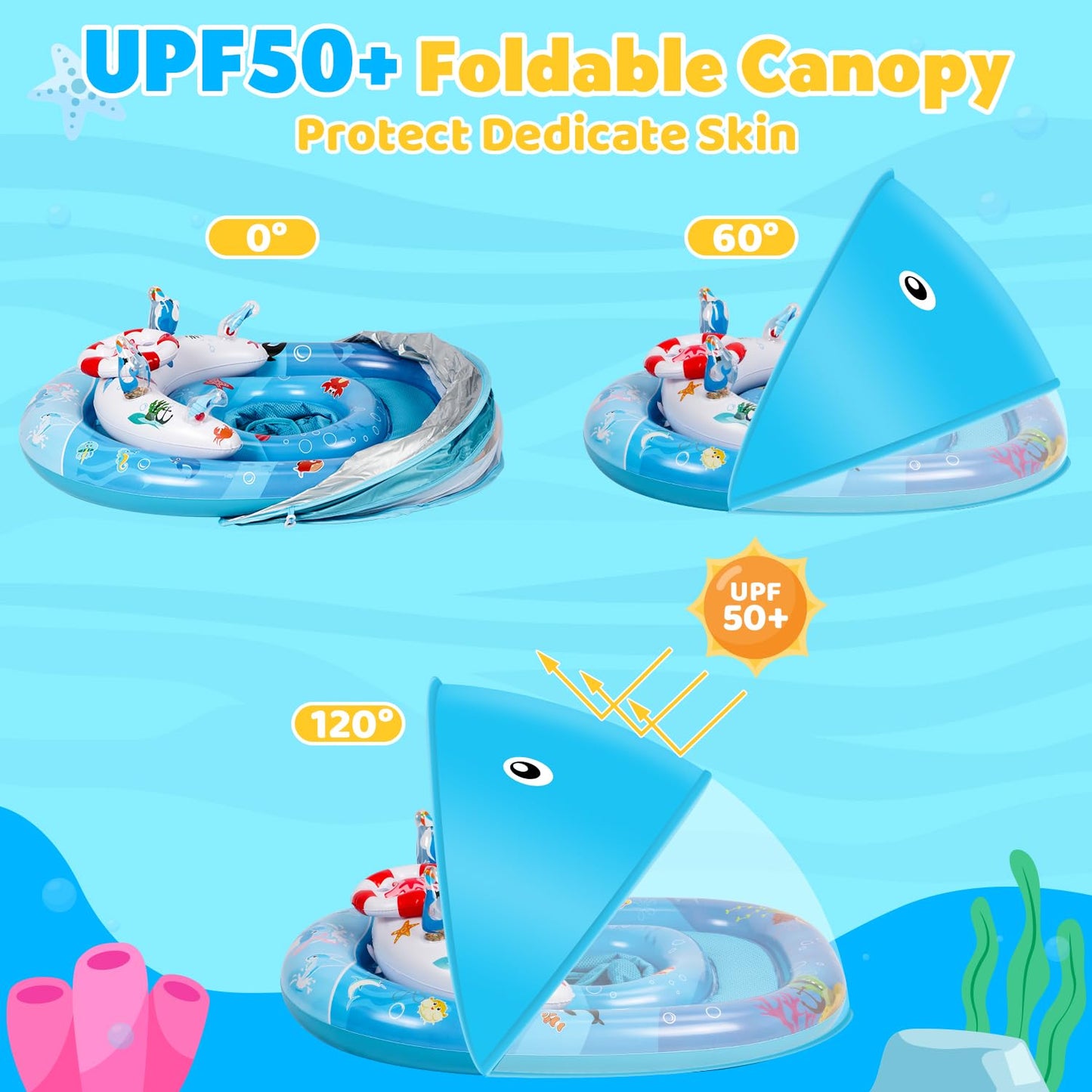 GleamJoy Baby Pool Float with UPF50+ Sun Protection Canopy, Inflatable Swimming Float for Baby 6-36 Months