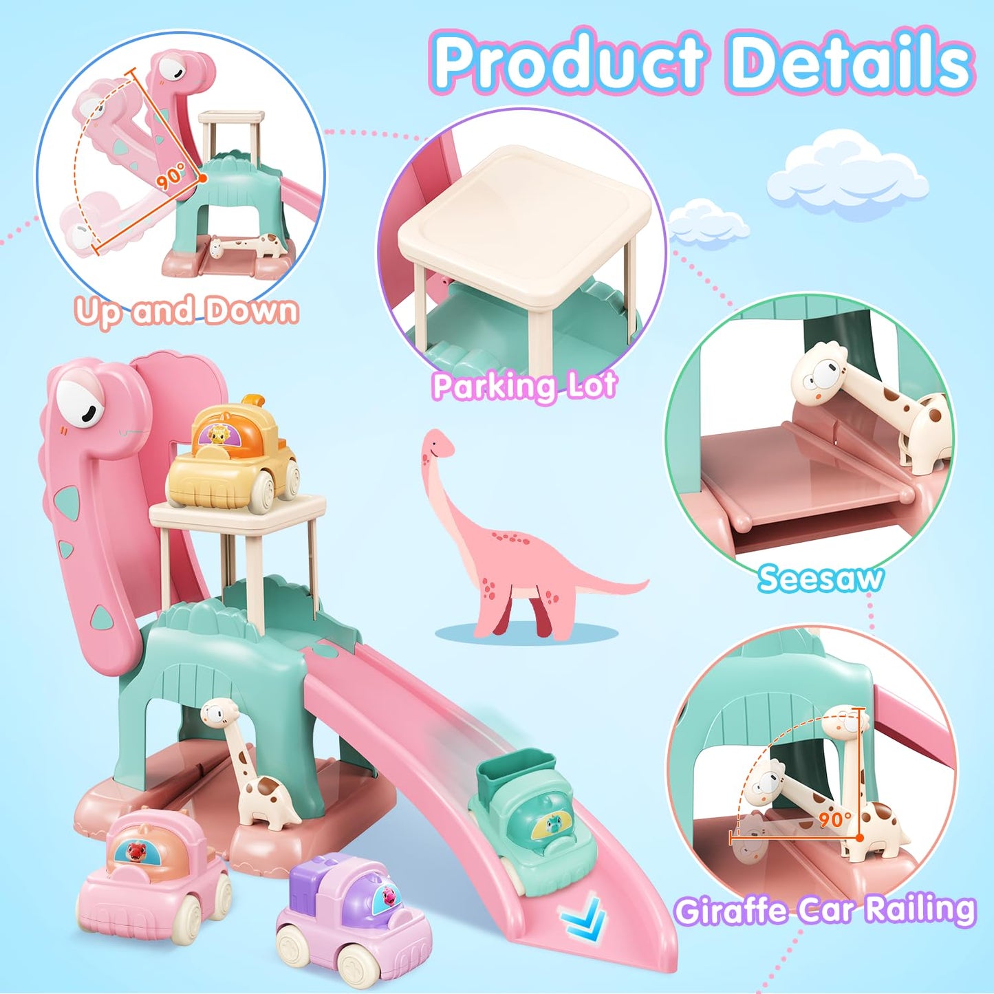 Dinosaur Slide for Toddlers 1-3, Car Ramp Race Track with 4 Push Cars, Pink