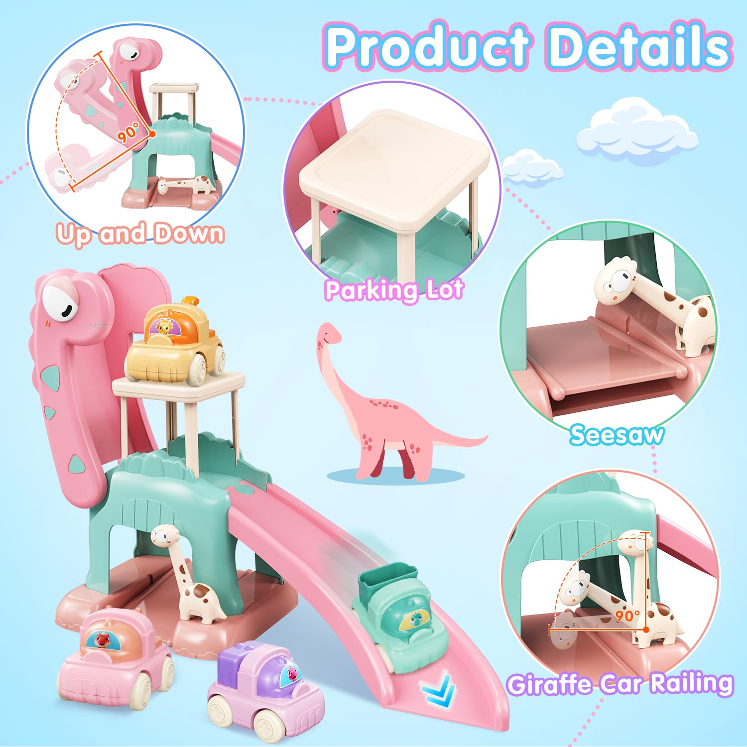 Dinosaur Slide for Toddlers 1-3, Car Ramp Race Track with 4 Push Cars, Pink