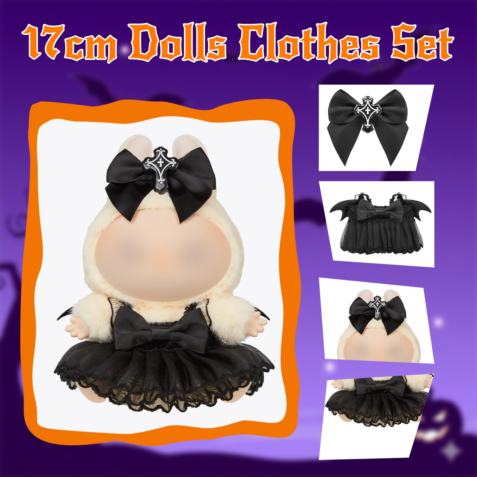 Doll Outfit Clothes Set for Labubu 17cm Doll ?Halloween Dress Bow Hair Clip for Labubu Dolls Accessories (No Dolls )