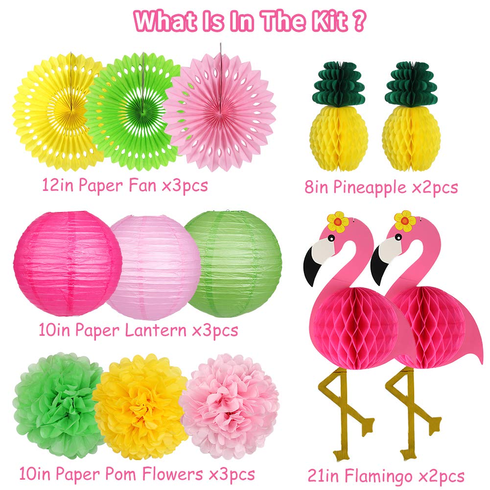 YUNXUAN Flamingo Party Supplies, Hawaiian Party Decorations Flamingo and Pineapple Honeycomb Ball Paper Lanterns Paper Fans Pom poms Flowers
