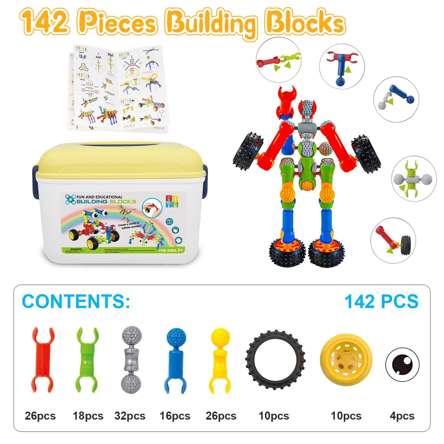 Caferria Building Blocks STEM Toys for 3 4 5 6 7 8+ Year Old Boy Girl Birthday Gift, 142 Pcs Building Toys for Preschool Classroom Educational Toy