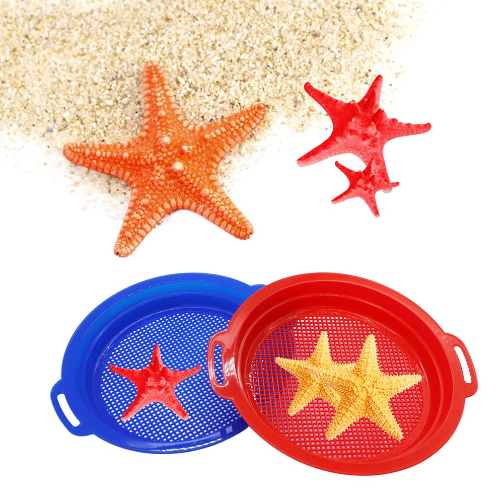 OJYUDD 4 Pack Sand Sifter Sieves for Adults, Plastic Sand Sifting Pans for Beachcombing, Gardening, Gold Panning & Outdoor Exploration (Red, Blue