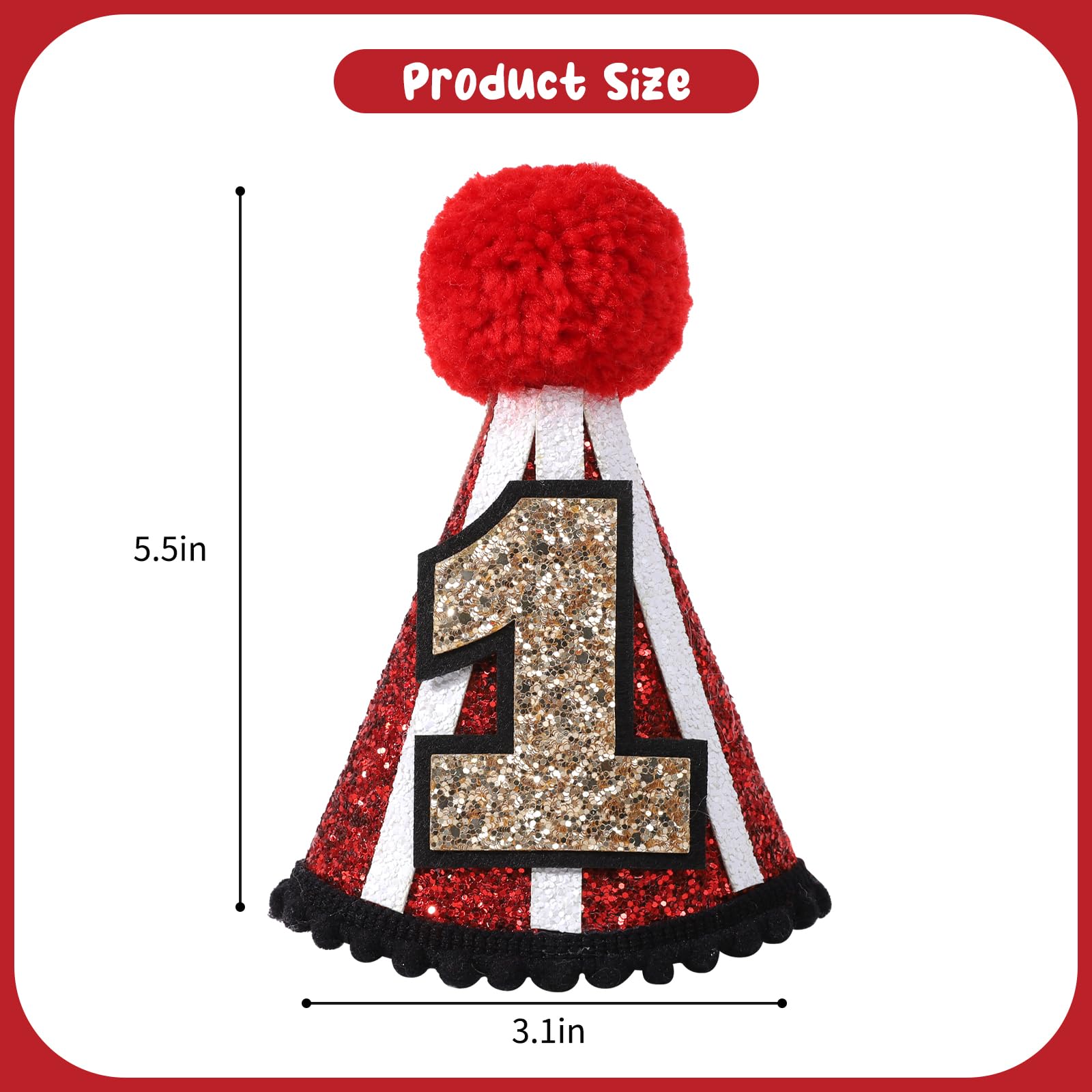 YOUAME Circus 1st Birthday Party Hat - Red Glitter Crown Outfit for Boys and Girls, Fun Carnival Themed Party Decor