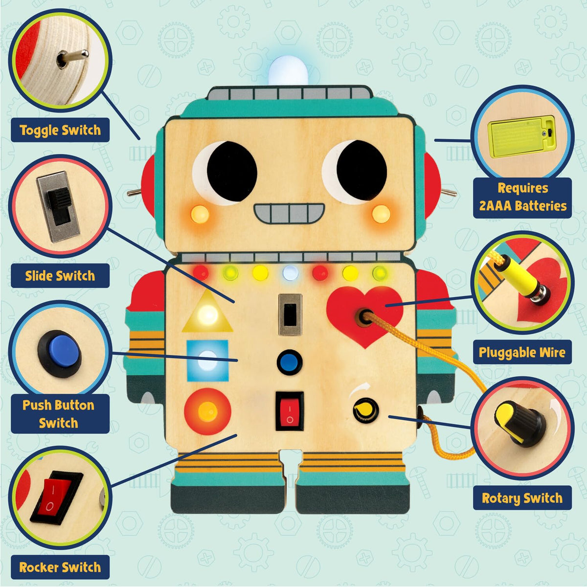Peaceable Kingdom Blinkity Bot Light Up Busy Board for Toddlers Montessori Wooden Toy