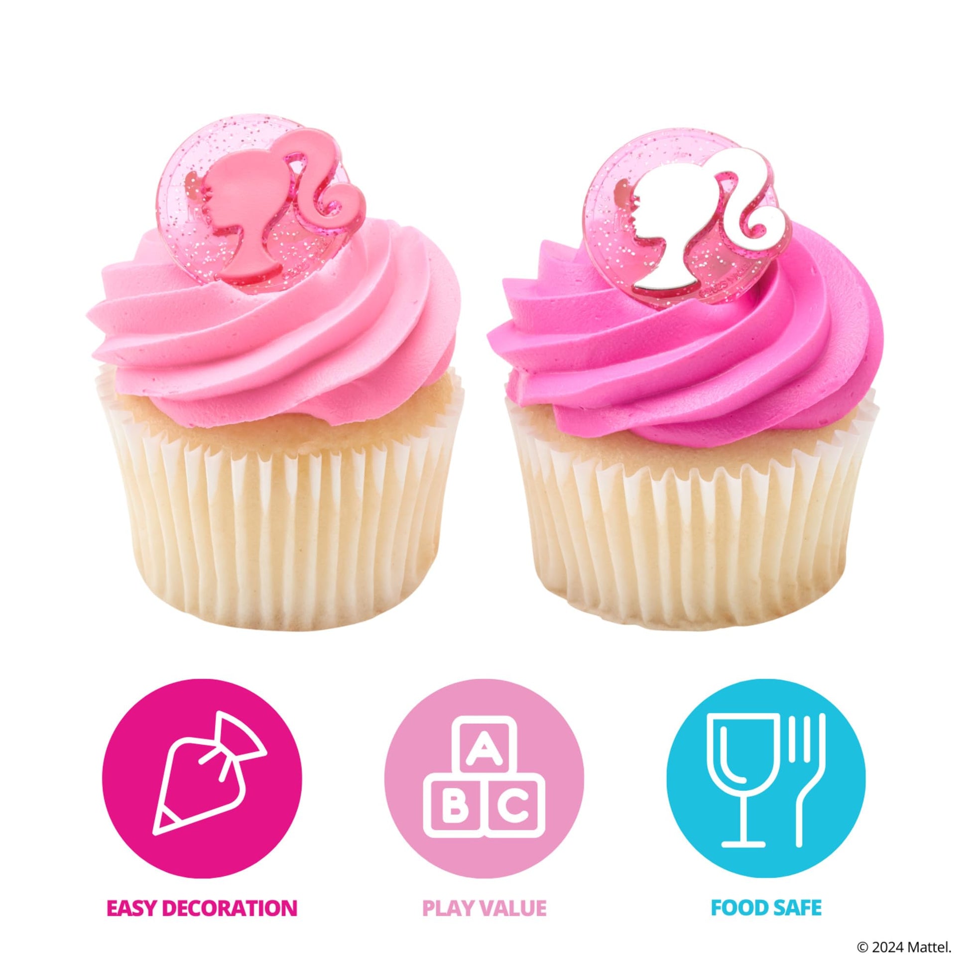 DecoPac Barbie Rings, 24 Barbie Silhouette Cupcake Decorations, Pink Glitter Cake Toppers For Birthday, Parties, Celebrations - 24 Pack