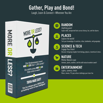More Or Less? Trivia Card Game - Compact & Fun - Ideal for Travel, Families, Game Nights 5 Trivia Categories: Random, Places, Science & Tech, Nature