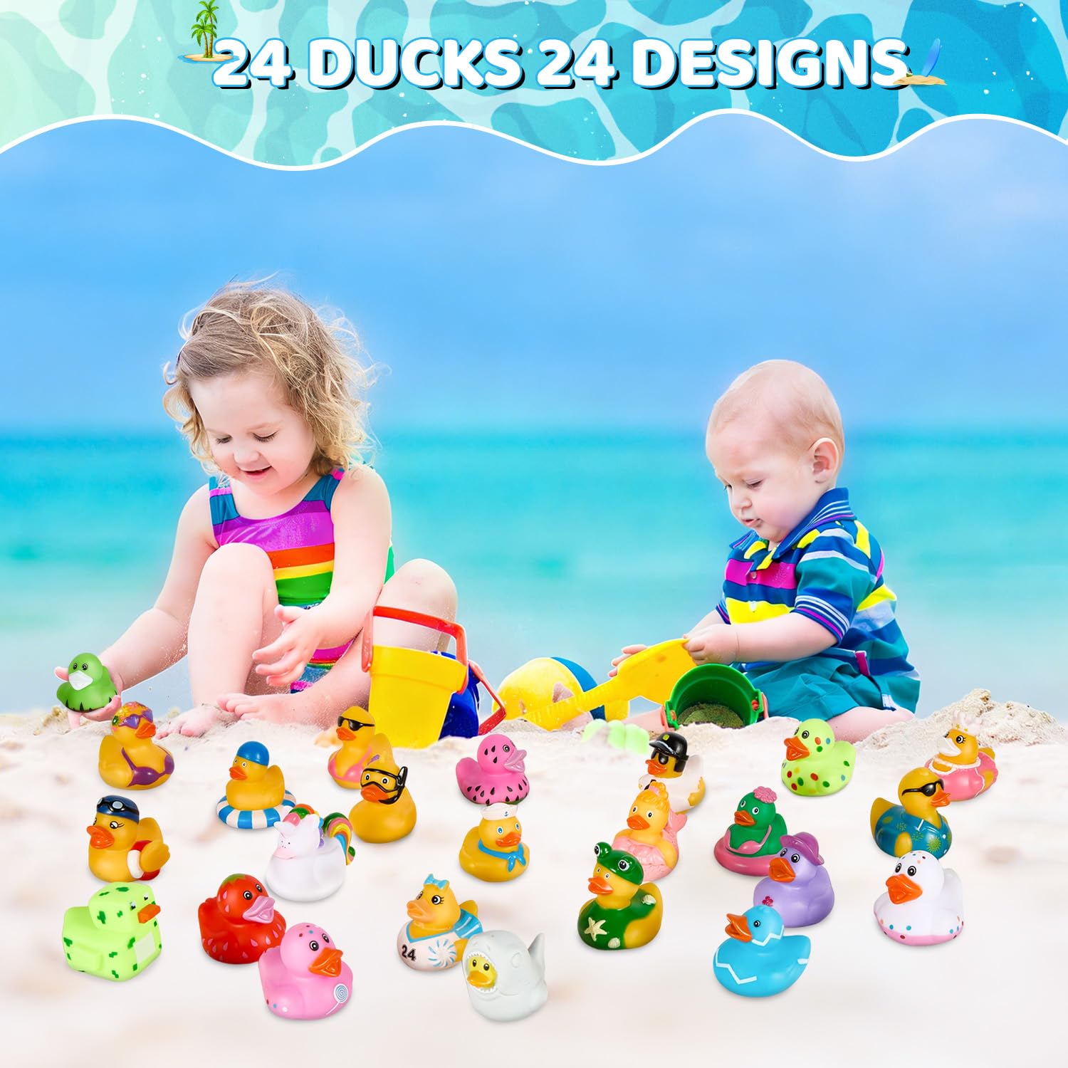 24Pack Summer Rubber Ducks with a Bag, Summer Duck for Jeeps, Assorted Beach Toys for Pool, Duckies Games, Party Favors, Birthday Gifts, Classroom