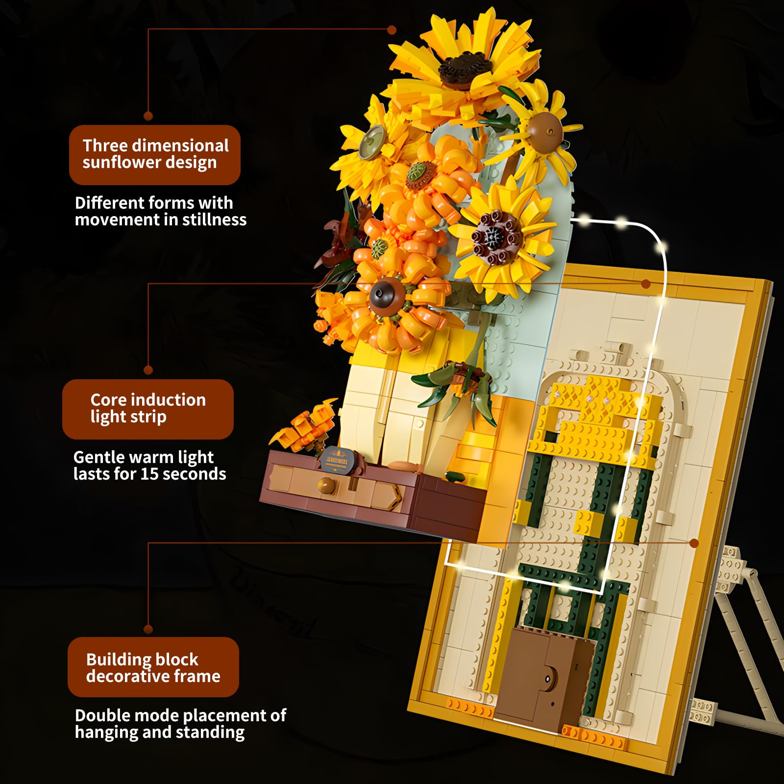 CAXIMSY Flowers Sunflower Building Block Sets Crafts for Adults Sunflowers Wall Art Painting Frame Gifts for Mother's/Valentine's Day?Artificial