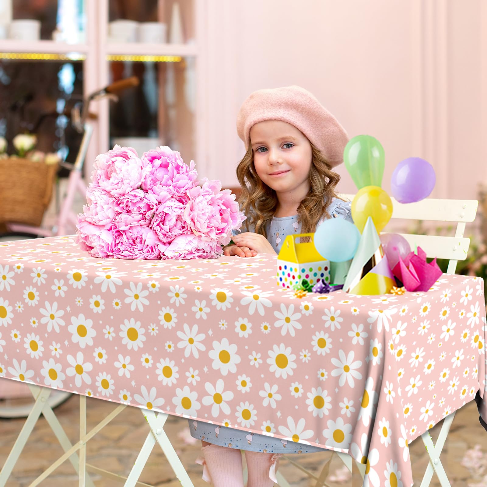 Bezkega 3Pack Tablecloth, Groovy Daisy Table Cover Pink Flower Birthday Party Decoration, Plastic Retro Hippie Boho Daisy Party Table Cloths for Girl