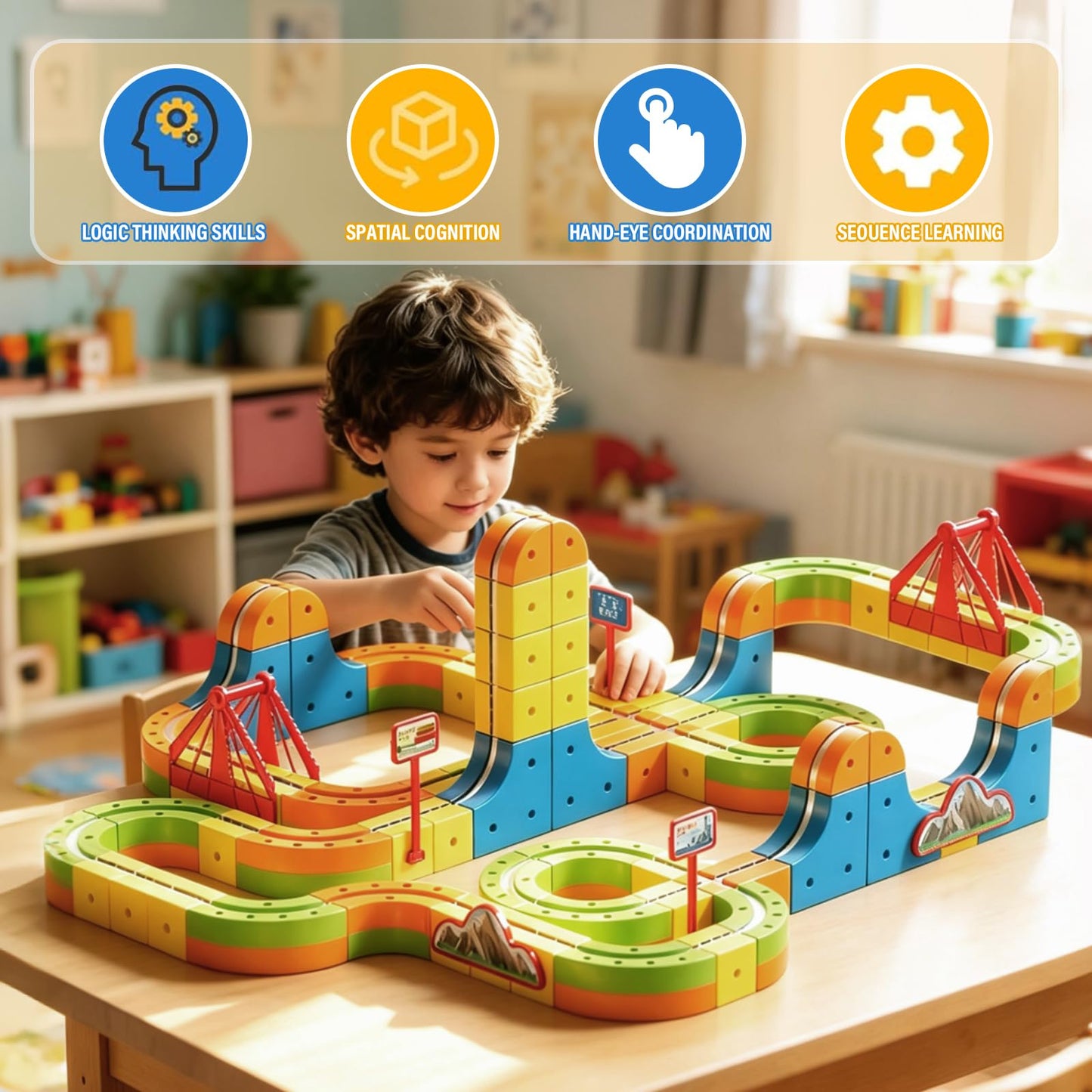Uermis Electric Train Set for Kids, 3D Racing Track Set DIY Rail Cube Kit, STEM Gravity-Defying 360° Race Car Track, Educational Learning Toy for Boys