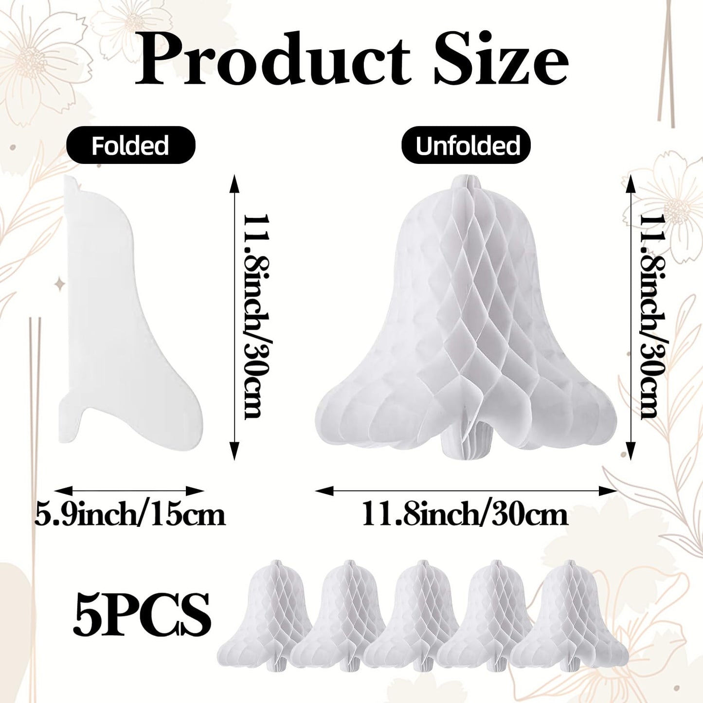 5 Pack 11.8 Inch Bell Paper Honeycomb Decorations, Hang Bridal Tissue Centerpieces, 3D White Bell Ornaments for Wedding, Christmas, Holiday, Winter