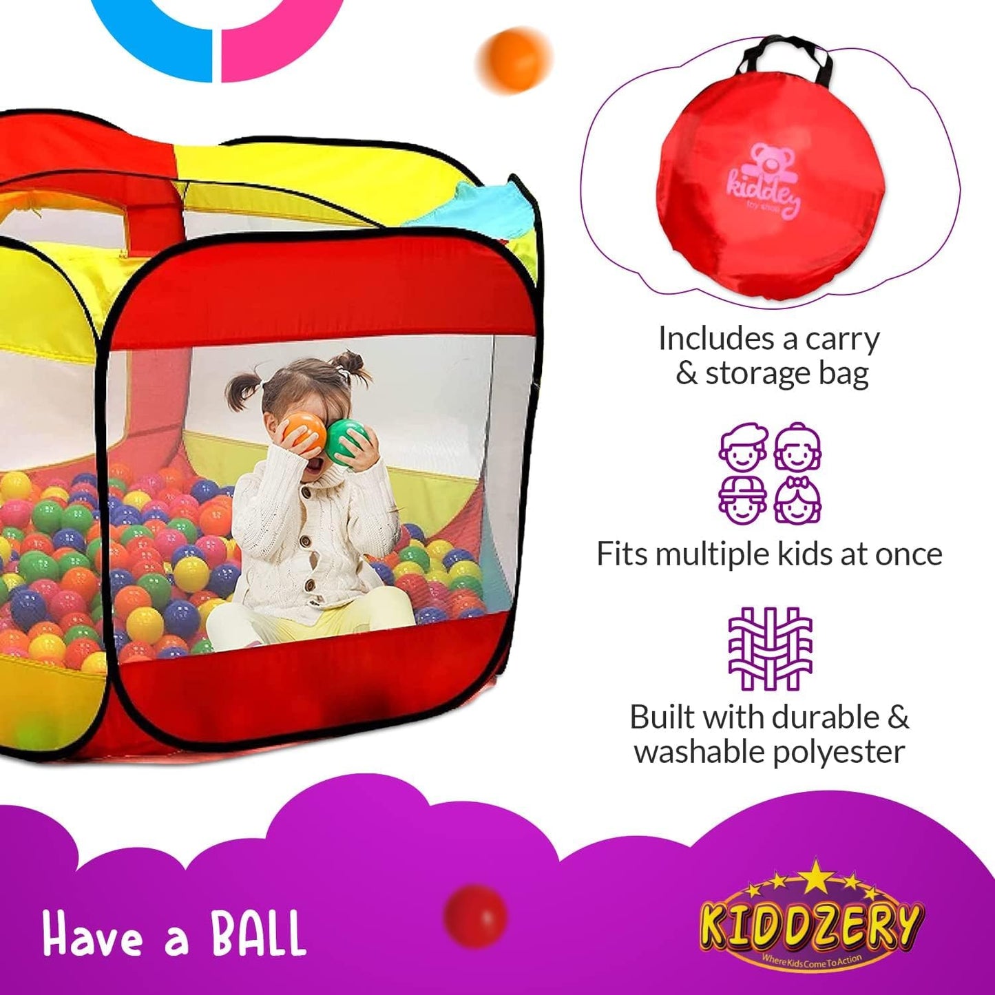 Kids Ball Pit Pop Up Large Tent for Toddlers - Indoor & Outdoor Gift Toys for Infants Girls & Boys, Baby Playpen with Zippered Storage Bag, 100