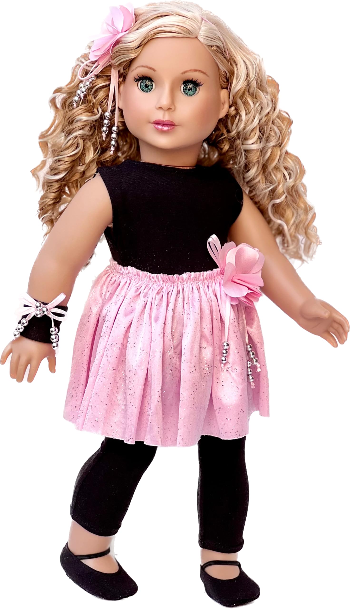Showtime - 5 Piece Outfit - Black Unitard, Pink Tutu Skirt, Ballet Slippers, Corsage, Hairpiece - Clothes Fits 18 Inch Dolls (Doll Not Included)