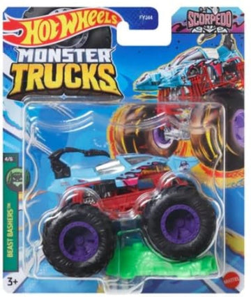 Hot Wheels Monster Trucks New for 2024 1:64 Scale (Blue Scorpedo 4/6 Beast Bashers)