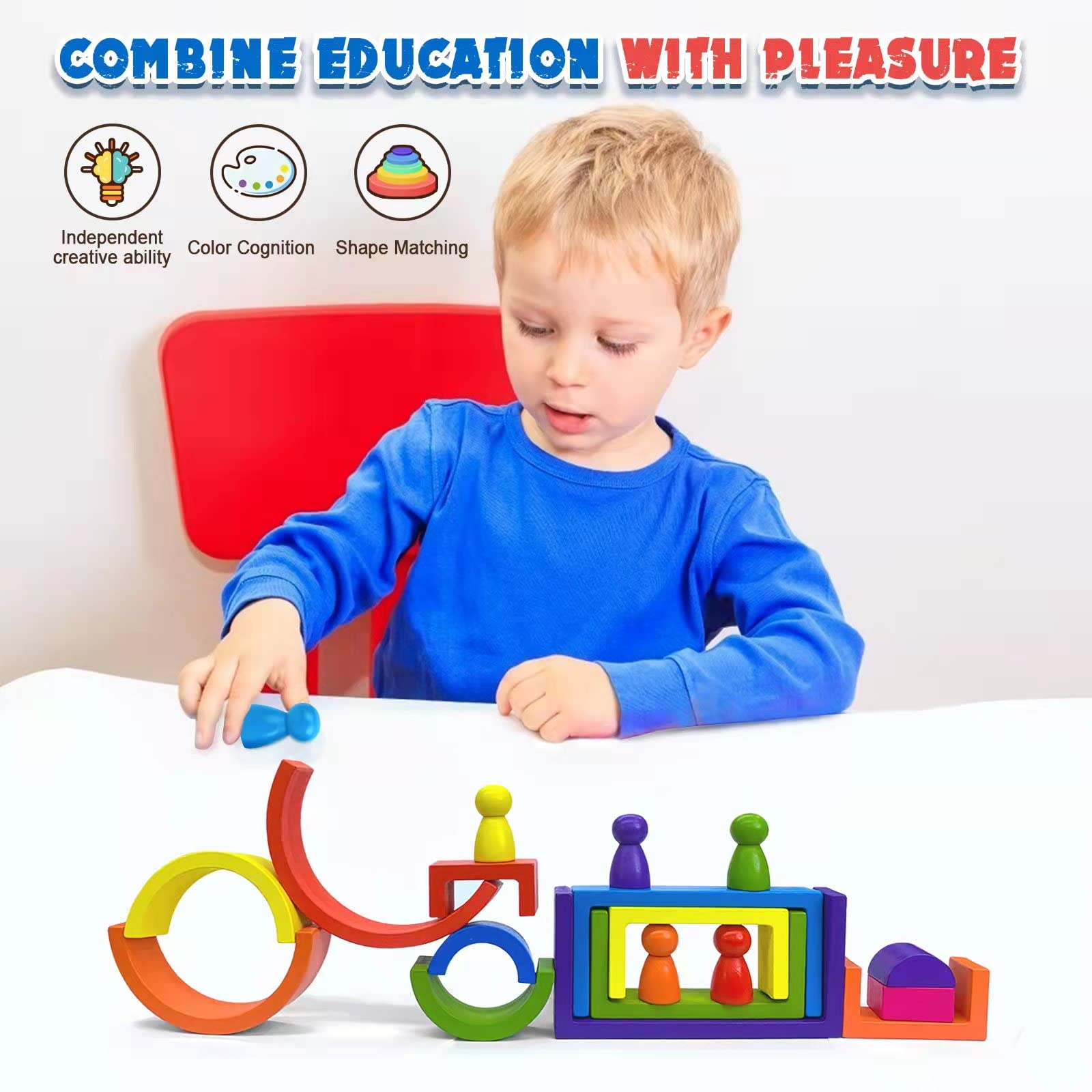 BOZE SUPOD Wooden Toys, Montessori Toys for Kids 3 4 5 6+Years Old Boys Girls Rainbow Stacking Blocks Set Preschool Activites Educational Toy Gifts
