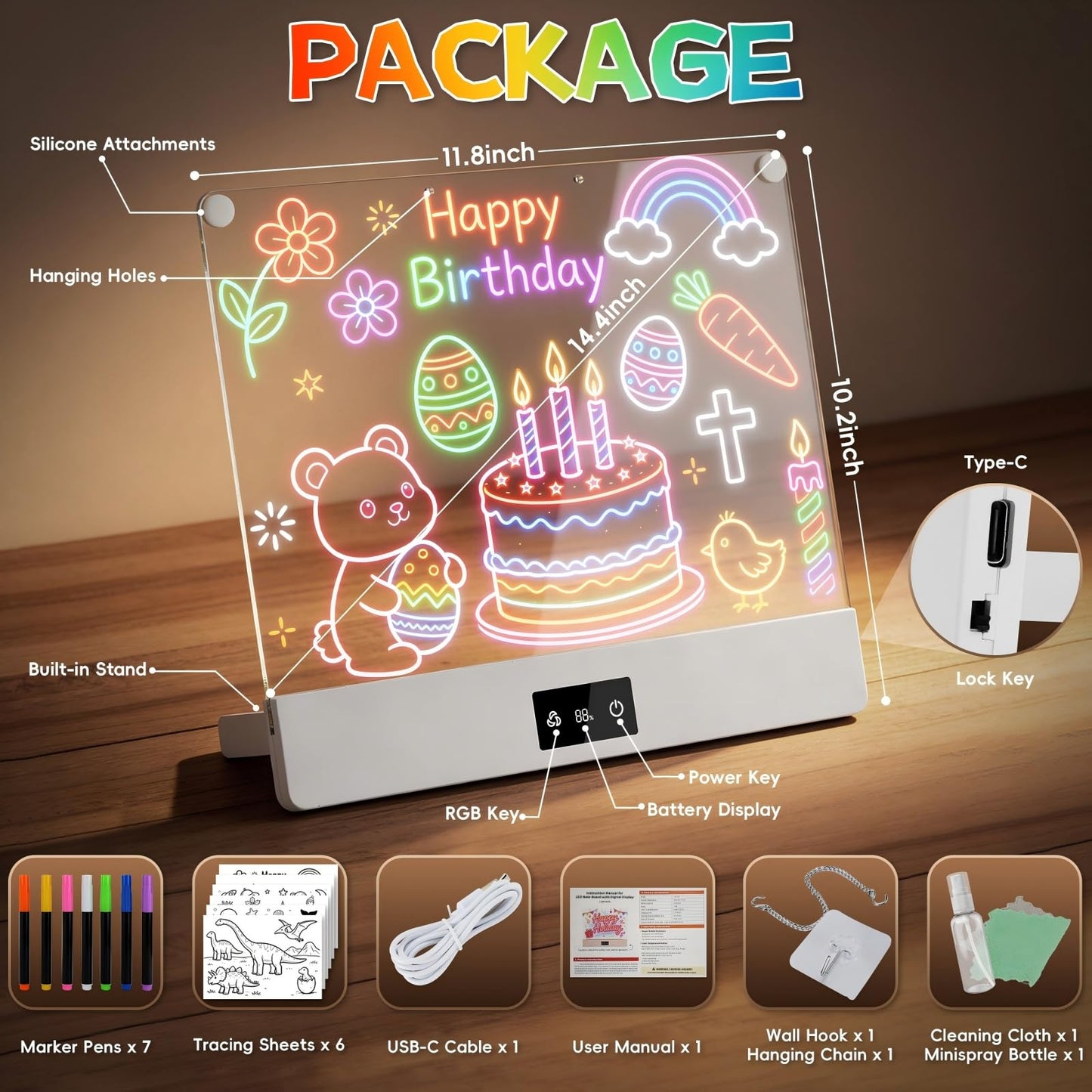 LED Drawing Board for Kid - Rechargeable 14" Doodle Glow Neon Art Note Boards, Holiday Birthday Gifts Toy for Kids Girls Boys Teens, Light Up Acrylic