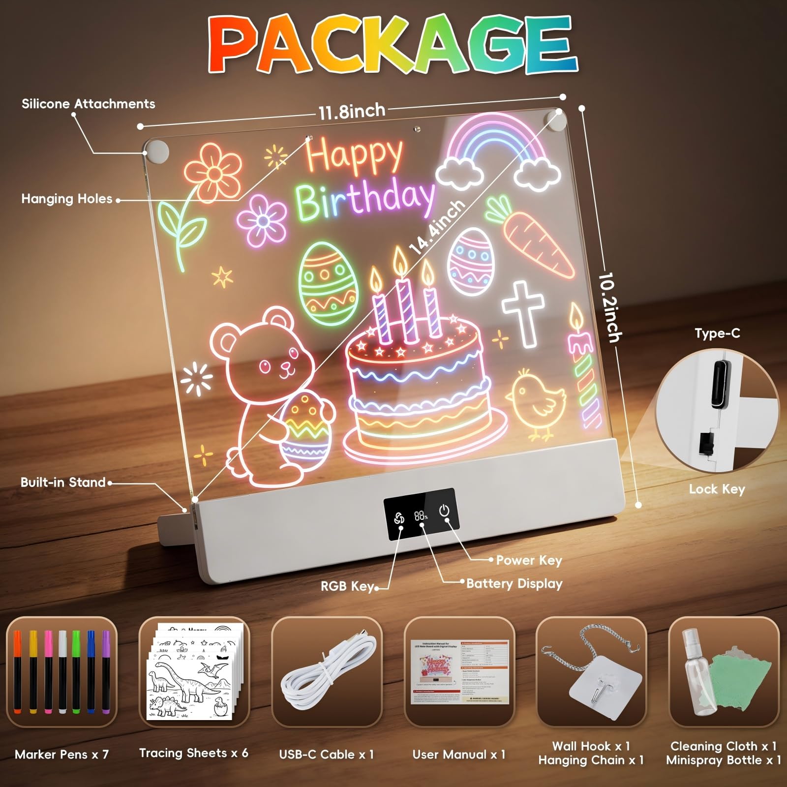 LED Drawing Board for Kid - Rechargeable 14" Doodle Glow Neon Art Note Boards, Holiday Birthday Gifts Toy for Kids Girls Boys Teens, Light Up Acrylic