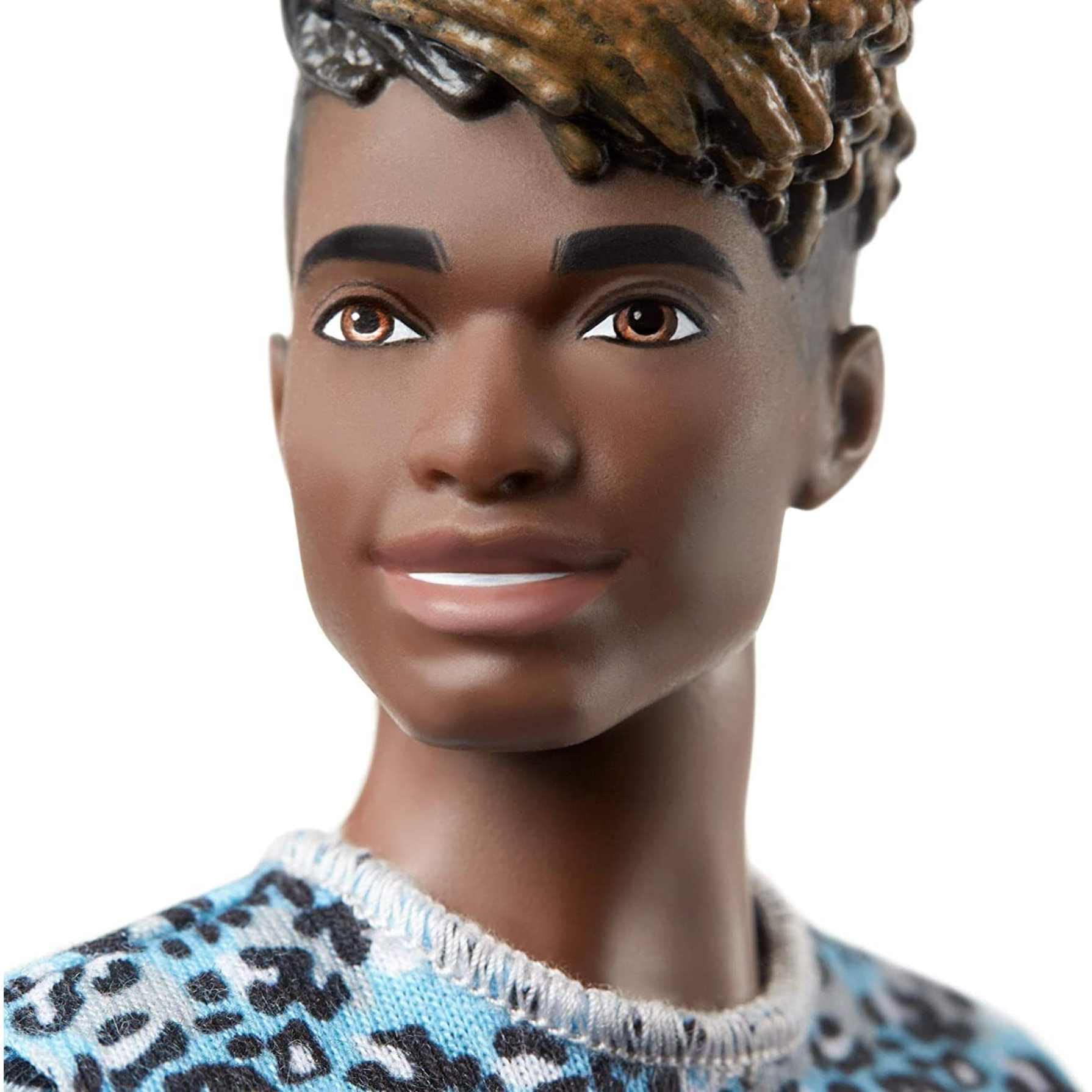 Barbie Ken Fashionistas Doll #153 with Sculpted Dreadlocks Wearing Blue Animal-Print Shirt, Purple Shorts & Boots, Toy for Kids 3 to 8 Years Old