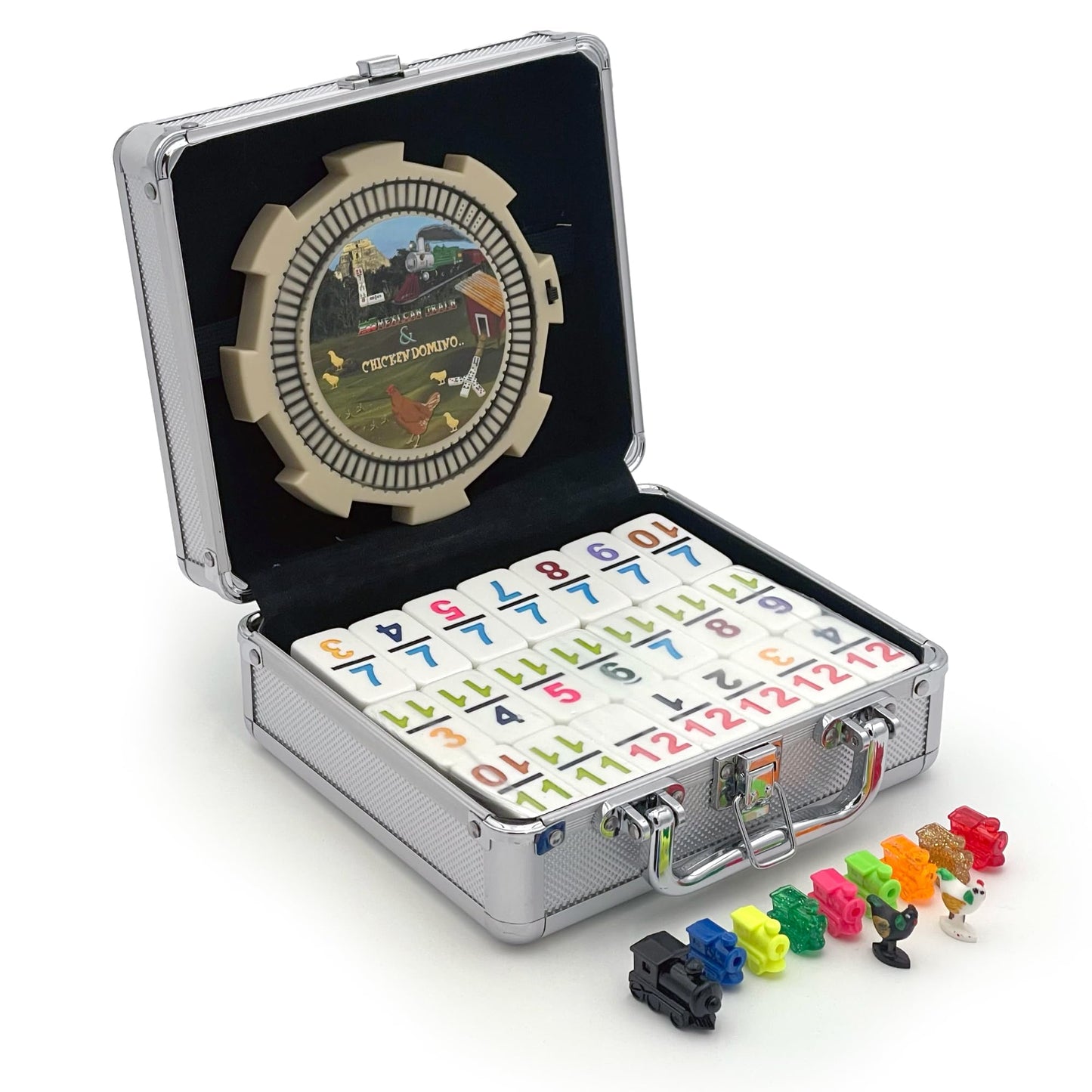 CHH Double 12 Numeral Pro Size Mexican Train & Chicken Domino Set - Aluminum Carrying Case - Complete Set with Plastic Hub, Train Markers, and Chicken
