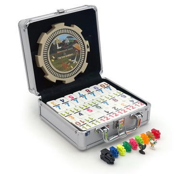 CHH Double 12 Numeral Pro Size Mexican Train & Chicken Domino Set - Aluminum Carrying Case - Complete Set with Plastic Hub, Train Markers, and Chicken
