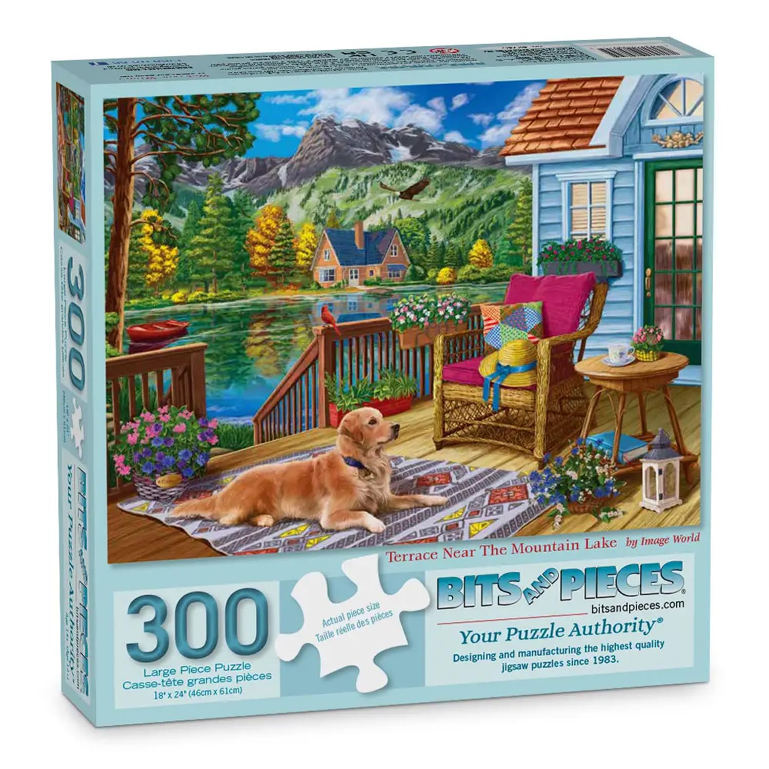 Bits and Pieces 300 Piece Puzzles for Adults 300 Large Pieces 18" x 24" Jigsaw Puzzles - Lakeside Cabin, Random Die Cut, No 2 Pieces Alike, Terrace
