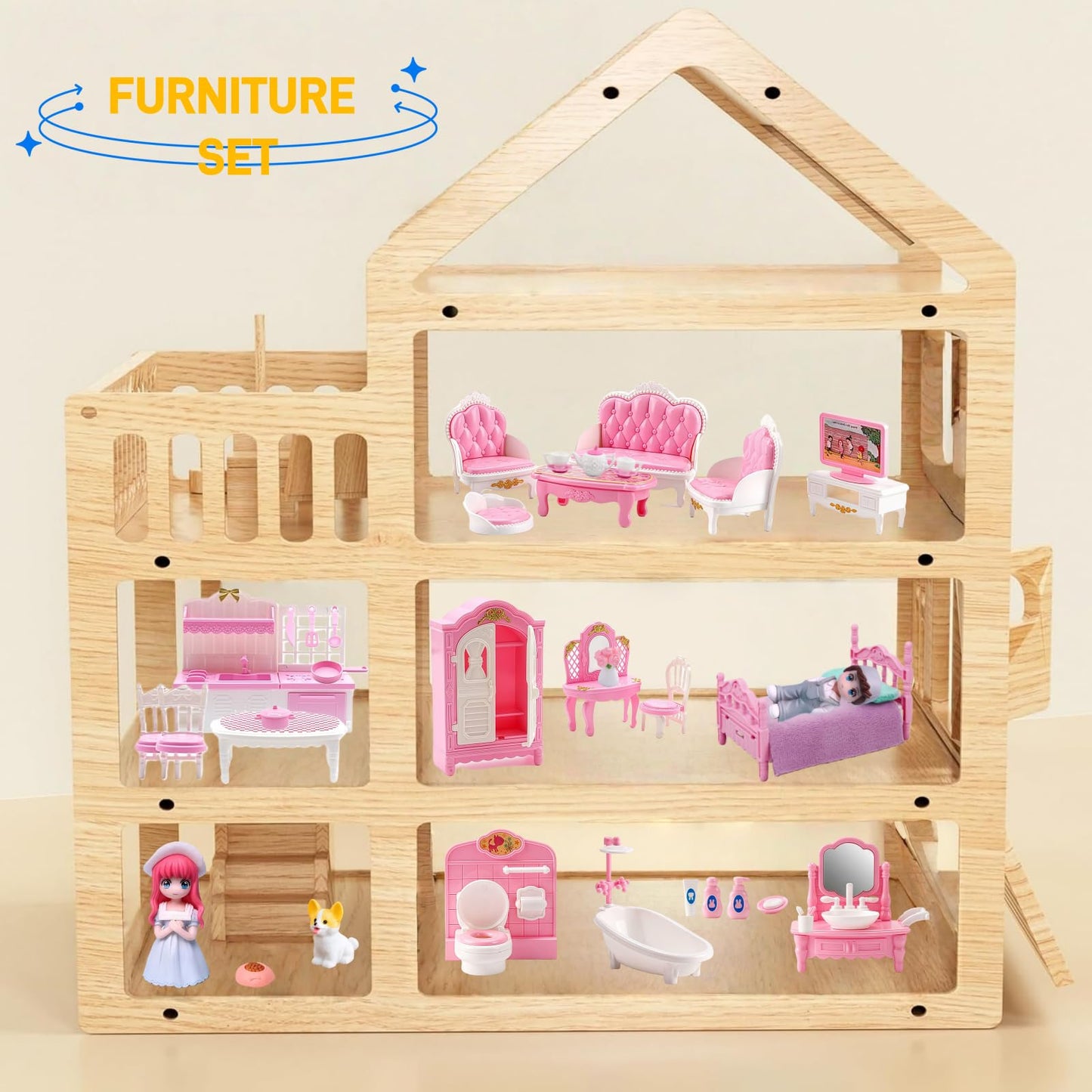 Princess Dollhouse Furniture Set, 48 Piece Luxury Miniature Accessories Collection with Living Room, Bathroom, Bedroom?Kitchen, TV Entertainment Set