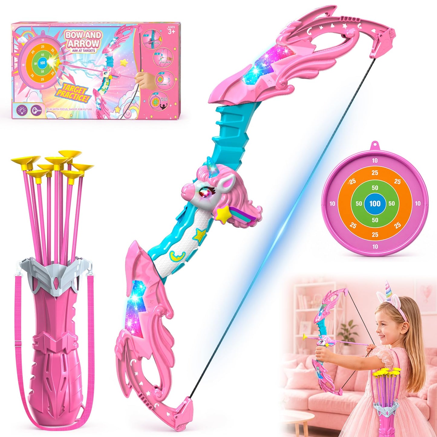 Innofans Unicorn Toys for Girls Age 4-6, Bow and Arrow Set LED Light Up with 10 Pink Suction Cup Arrows, Target & Quivers, Christmas Birthday Gift