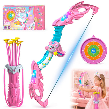 Innofans Unicorn Toys for Girls Age 4-6, Bow and Arrow Set LED Light Up with 10 Pink Suction Cup Arrows, Target & Quivers, Christmas Birthday Gift