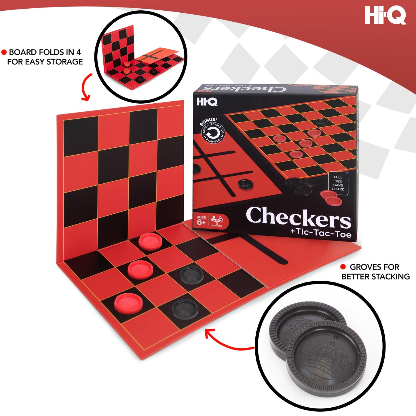 HI-Q Checkers & Tic-Tac-Toe Board Game Set - Classic Strategy for Kids & Family - Features Interlocking Stacking Pieces & Folding Board - Ages 6+