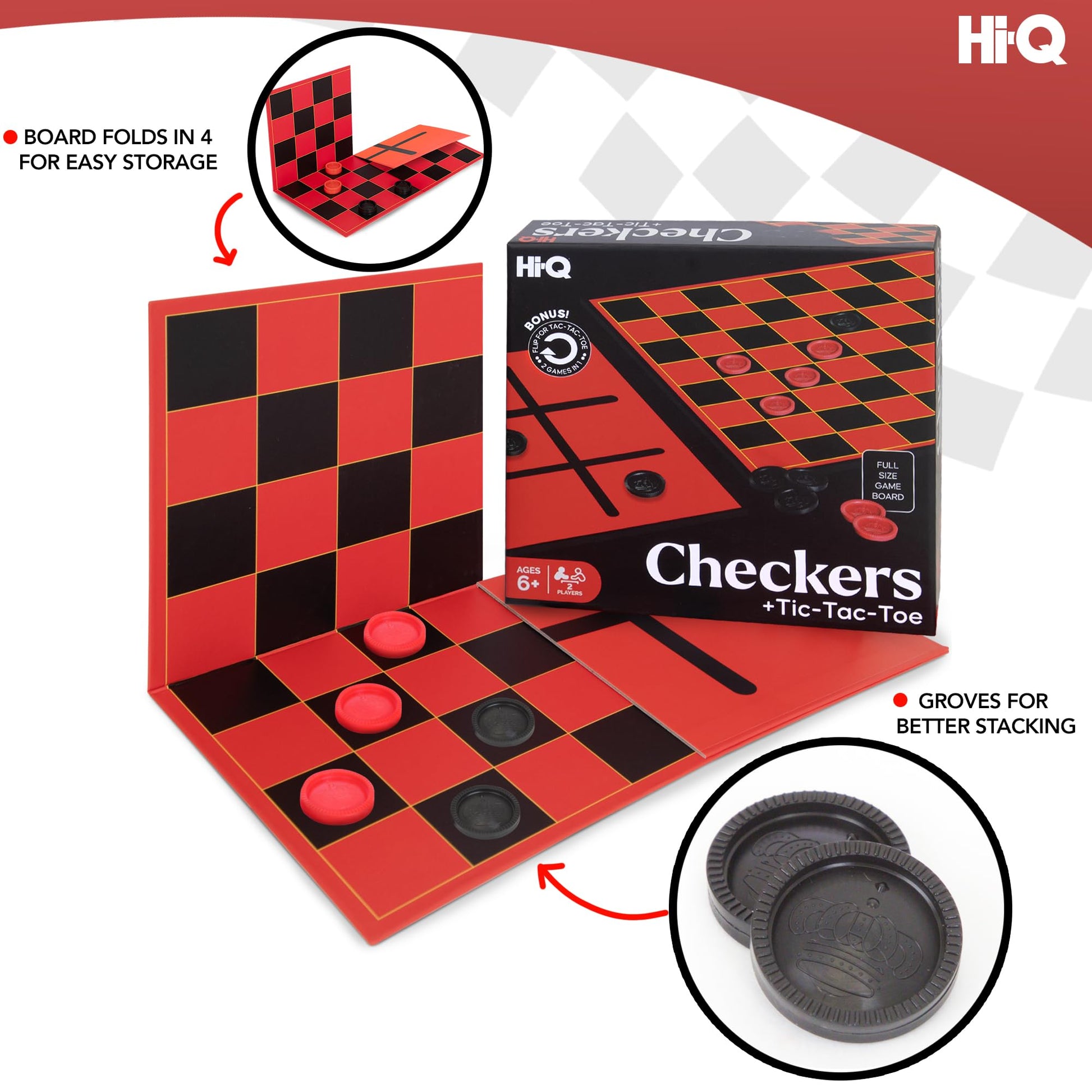 HI-Q Checkers & Tic-Tac-Toe Board Game Set - Classic Strategy for Kids & Family - Features Interlocking Stacking Pieces & Folding Board - Ages 6+
