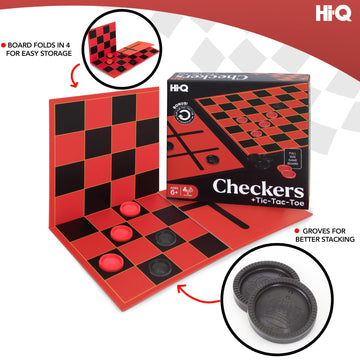 HI-Q Checkers & Tic-Tac-Toe Board Game Set - Classic Strategy for Kids & Family - Features Interlocking Stacking Pieces & Folding Board - Ages 6+