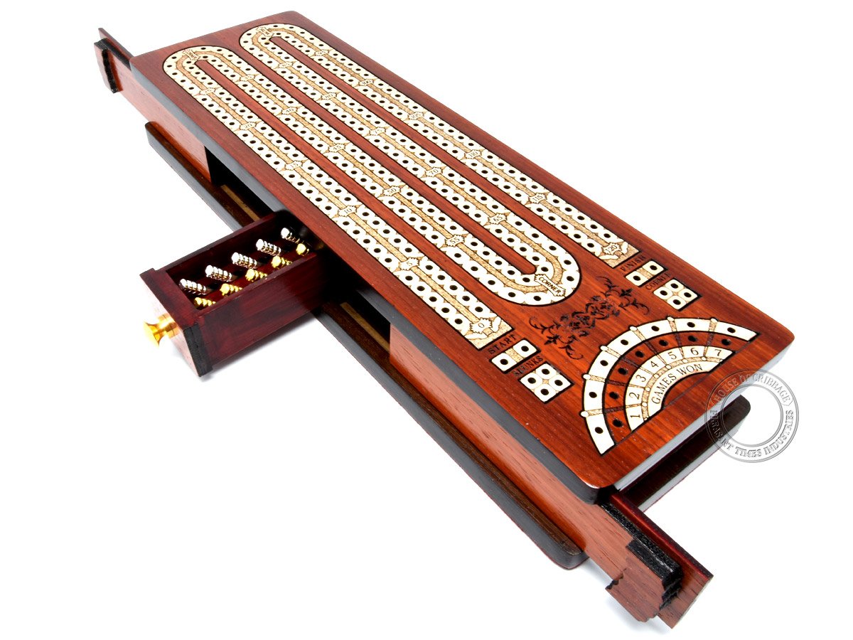 House of Cribbage - Continuous Cribbage Board/Box Inlaid in Bloodwood/Maple - 2 Track - Sliding Lid with Score Marking Fields for Skunks, Corners