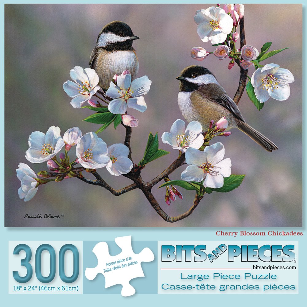 Bits and Pieces - Large 300 Piece Jigsaw Puzzle for Adults - Cherry Blossom Chickadees - Spring Birds Jigsaw Puzzle by Artist Russell Cobane