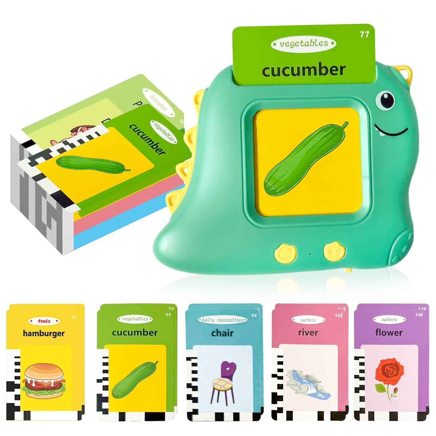 Dinosaur Talking Flash Cards for Toddlers Ages 1-5, 224 English Words Learning Toy with Real Voice Pronunciation, Interactive Educational Speaking