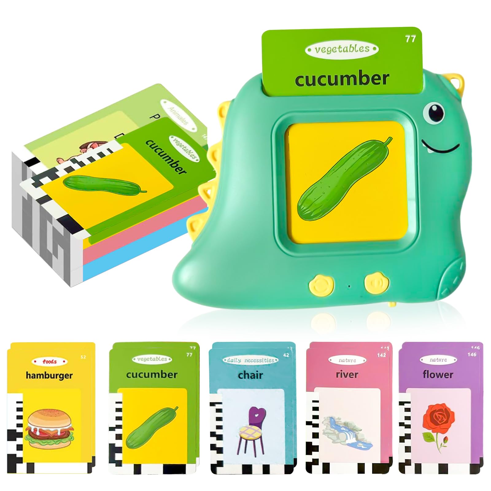 Dinosaur Talking Flash Cards for Toddlers Ages 1-5, 224 English Words Learning Toy with Real Voice Pronunciation, Interactive Educational Speaking