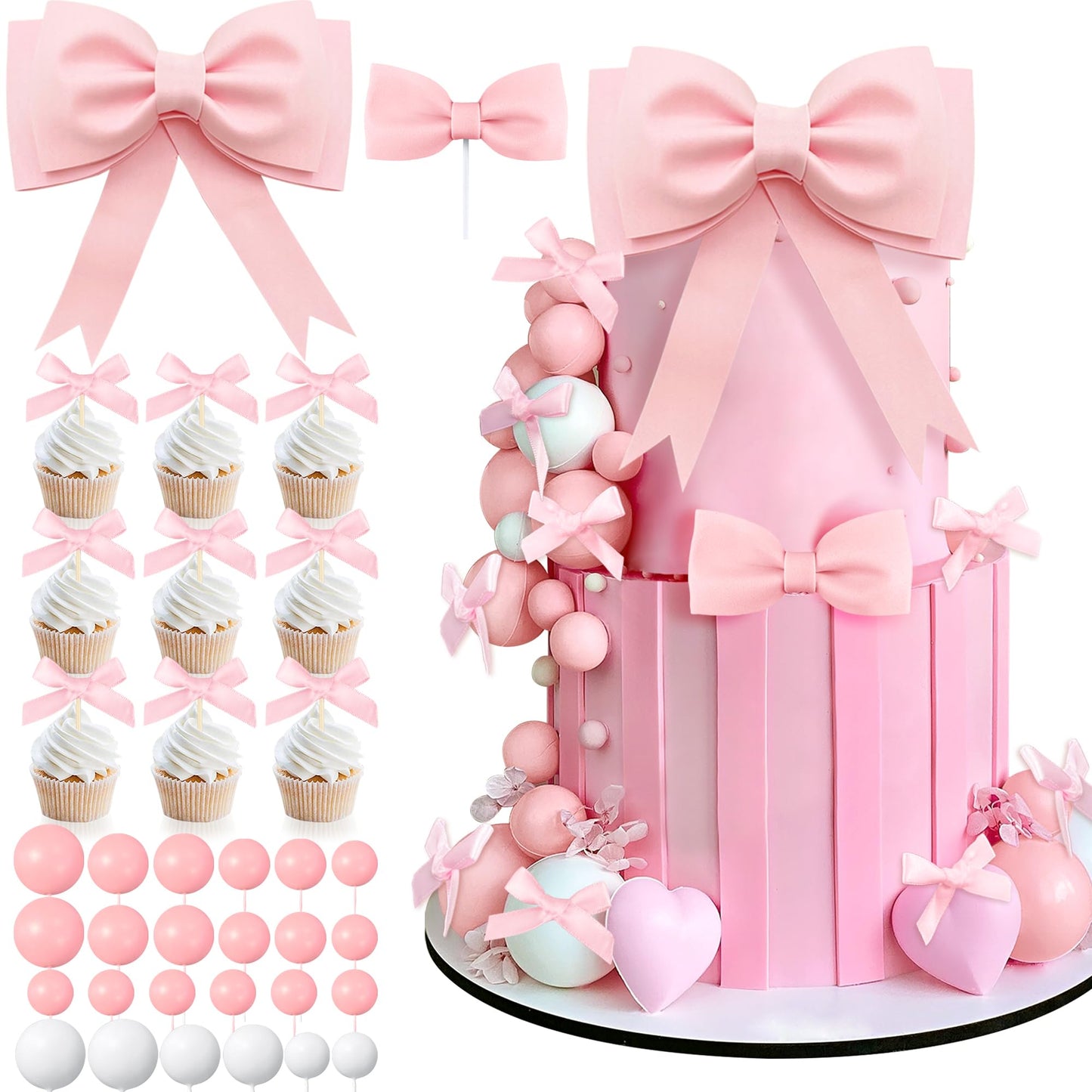 36 PCS Oversized Pink Bow Cake Toppers for Girls EVA Foam Bowknot Princess Cake Decorations Wedding Cake Topper for Birthday Baby Shower
