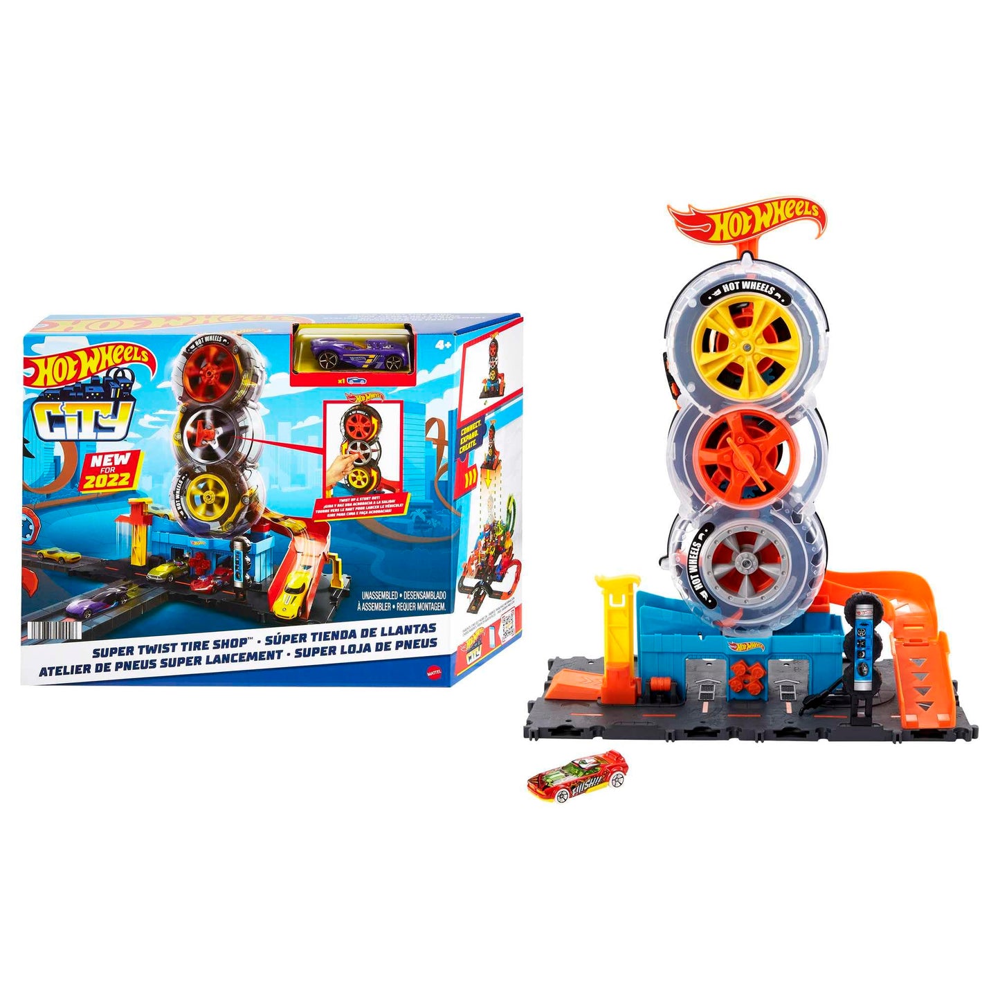 Hot Wheels City Super Twist Tire Shop Playset, Spin The Key to Make Cars Travel Through The Tires, Includes 1 Car, Gift for Kids 4 to 8 Years Old