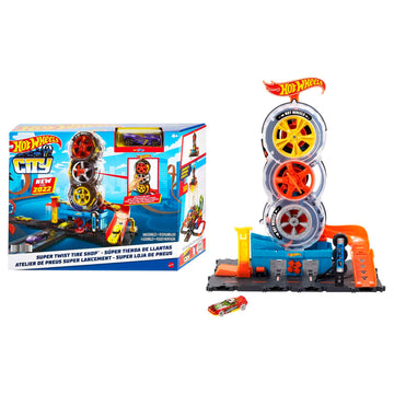 Hot Wheels City Super Twist Tire Shop Playset, Spin The Key to Make Cars Travel Through The Tires, Includes 1 Car, Gift for Kids 4 to 8 Years Old