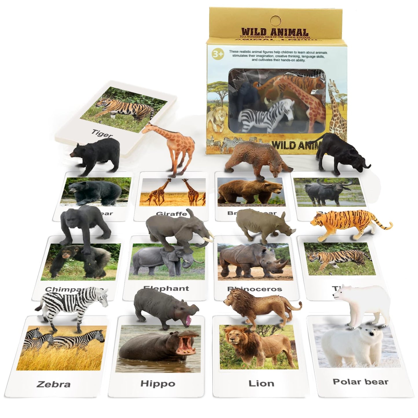 RUSON 12 Safari Animals Figures Toys with 12 Flash Cards, Realistic Mini Jungle Animal Figurines Cake Topper Party Supplies Montessori Animal Matching