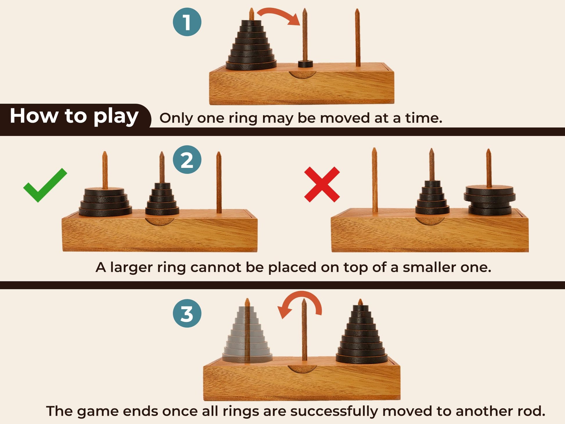 BSIRI Fun Puzzle Board Games Gifts of Hanoi Tower (9 Rings) with Wooden Designs for Brain Teasers Logic Games Kids and Adults to Challenges Mastermind